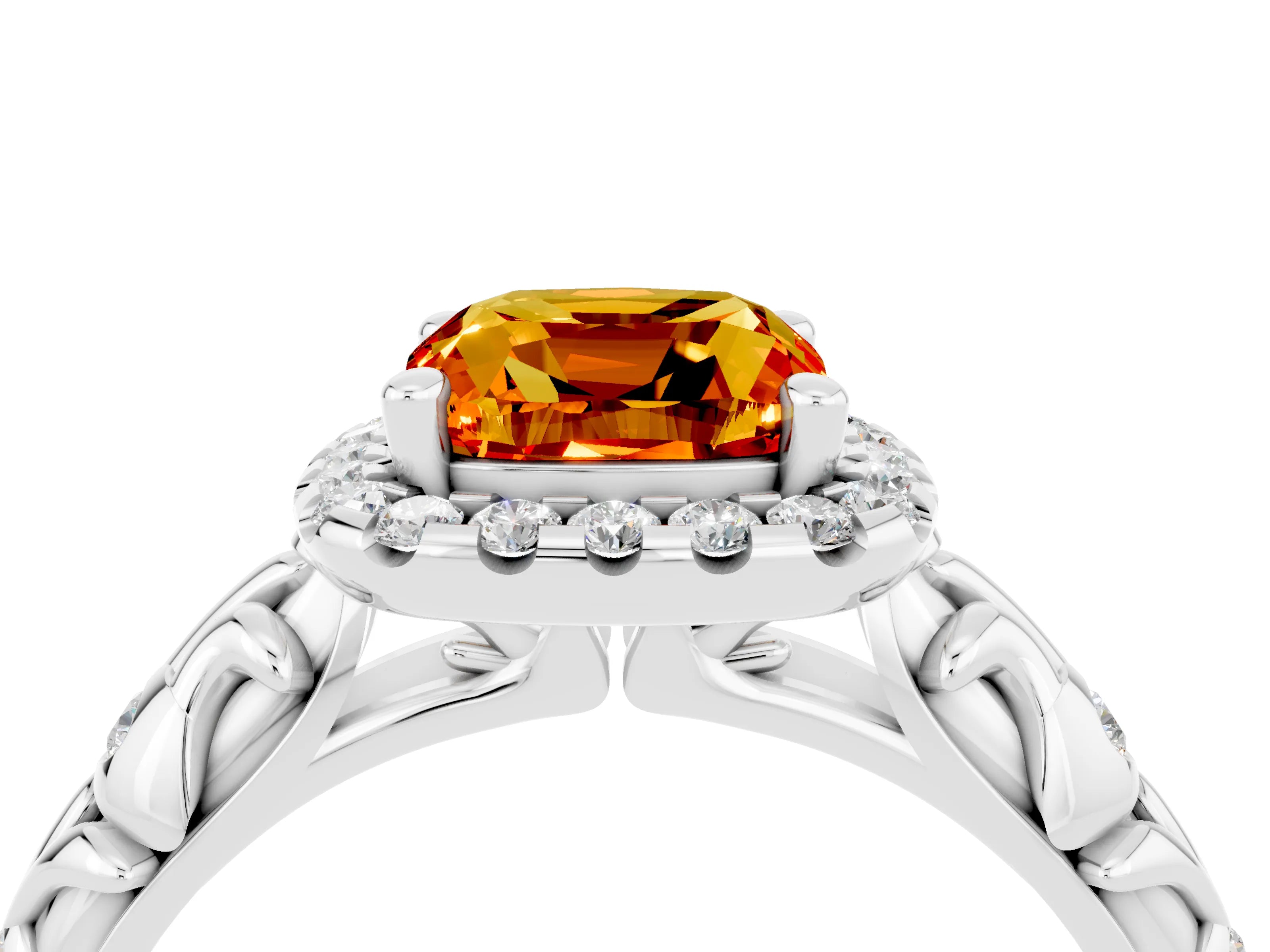 White gold Cushion Cut Halo Diamond Solitaire with Filigree Band and Four-Prong Setting_4