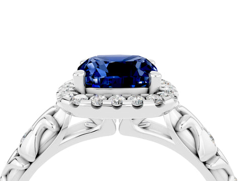 White gold Cushion Cut Halo Diamond Solitaire with Filigree Band and Four-Prong Setting_4