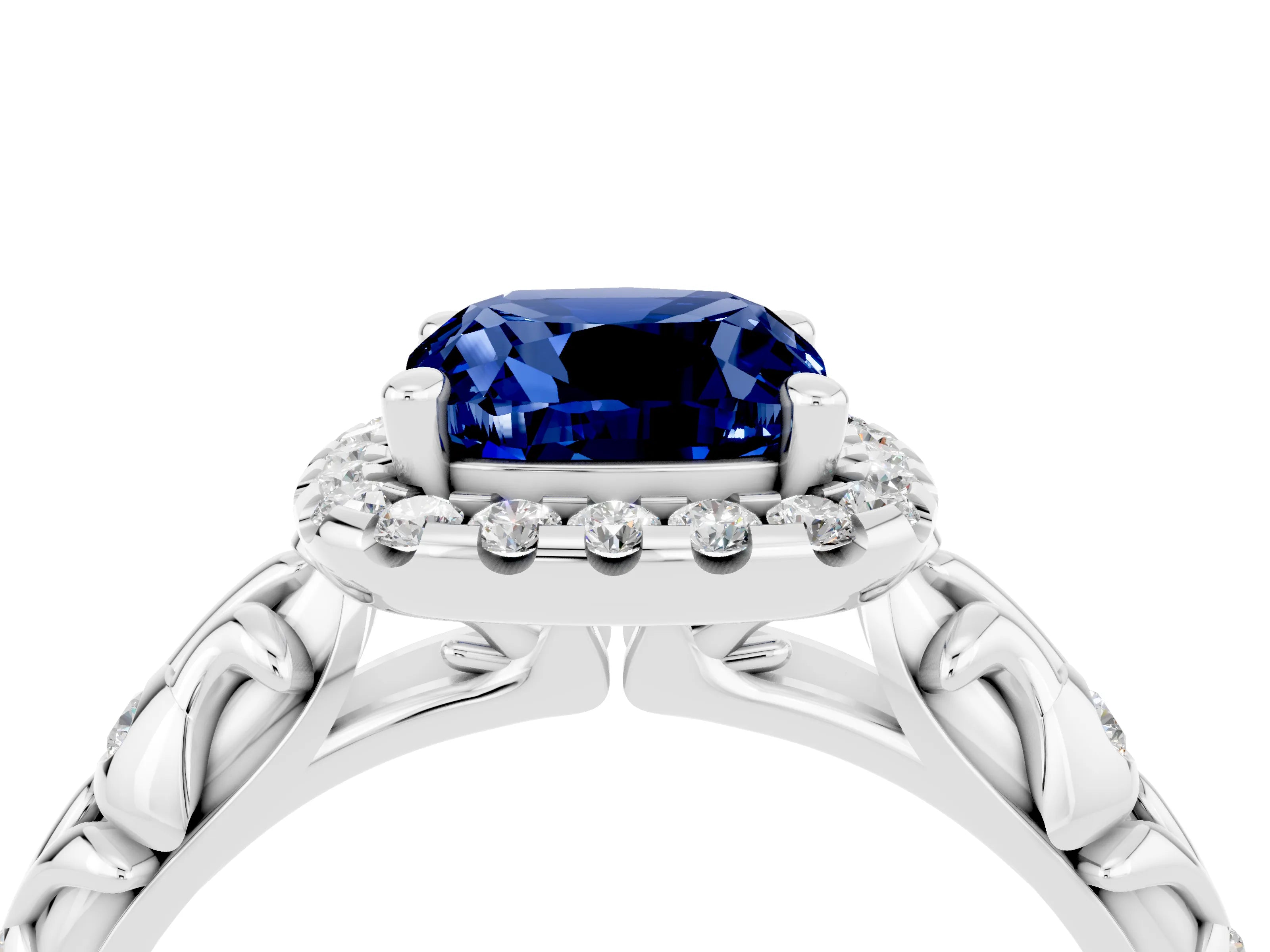 White gold Cushion Cut Halo Diamond Solitaire with Filigree Band and Four-Prong Setting_4
