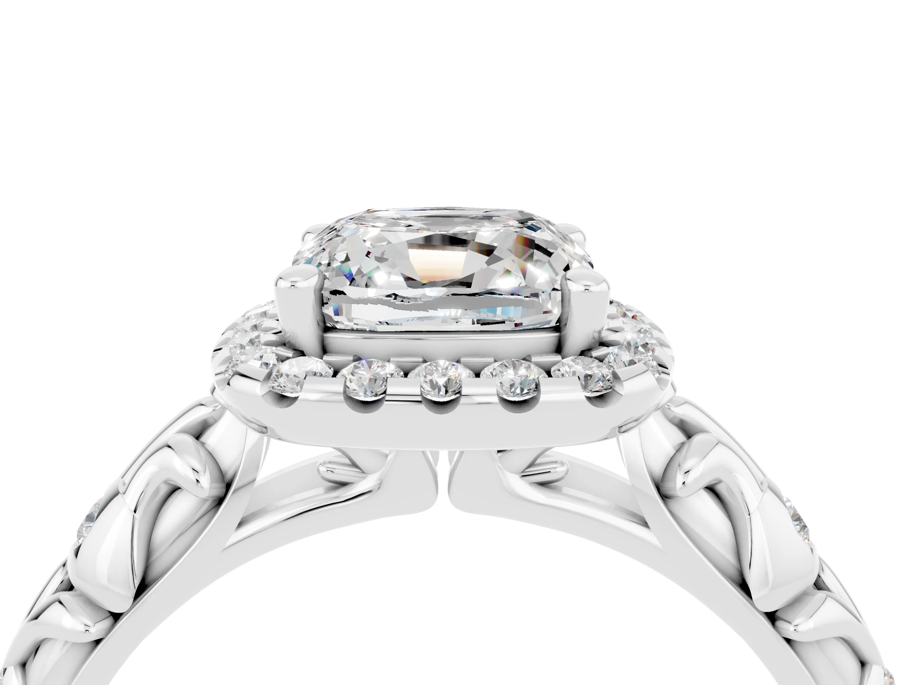 White gold Cushion Cut Halo Diamond Solitaire with Filigree Band and Four-Prong Setting_4