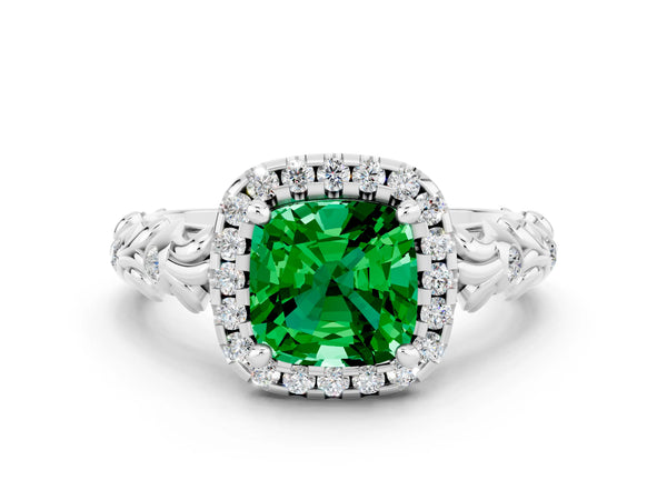 White gold Cushion Cut Emerald Halo Ring with Filigree Band and Prong Setting