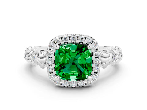 White gold Cushion Cut Halo Diamond Solitaire with Filigree Band and Four-Prong Setting