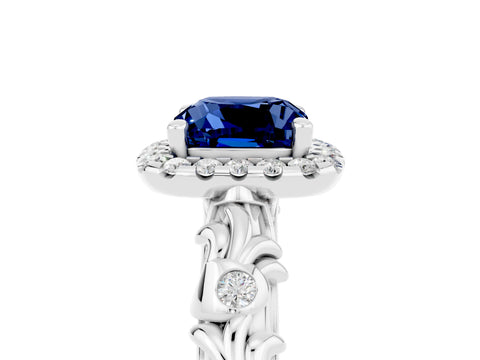 White gold Cushion Cut Halo Diamond Solitaire with Filigree Band and Four-Prong Setting_5