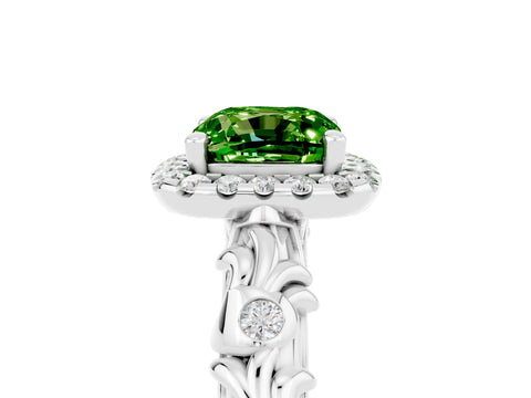 White gold Cushion Cut Halo Diamond Solitaire with Filigree Band and Four-Prong Setting_5