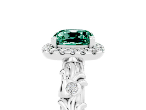 White gold Cushion Cut Halo Diamond Solitaire with Filigree Band and Four-Prong Setting_5