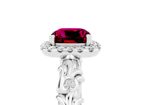 White gold Cushion Cut Halo Diamond Solitaire with Filigree Band and Four-Prong Setting_5