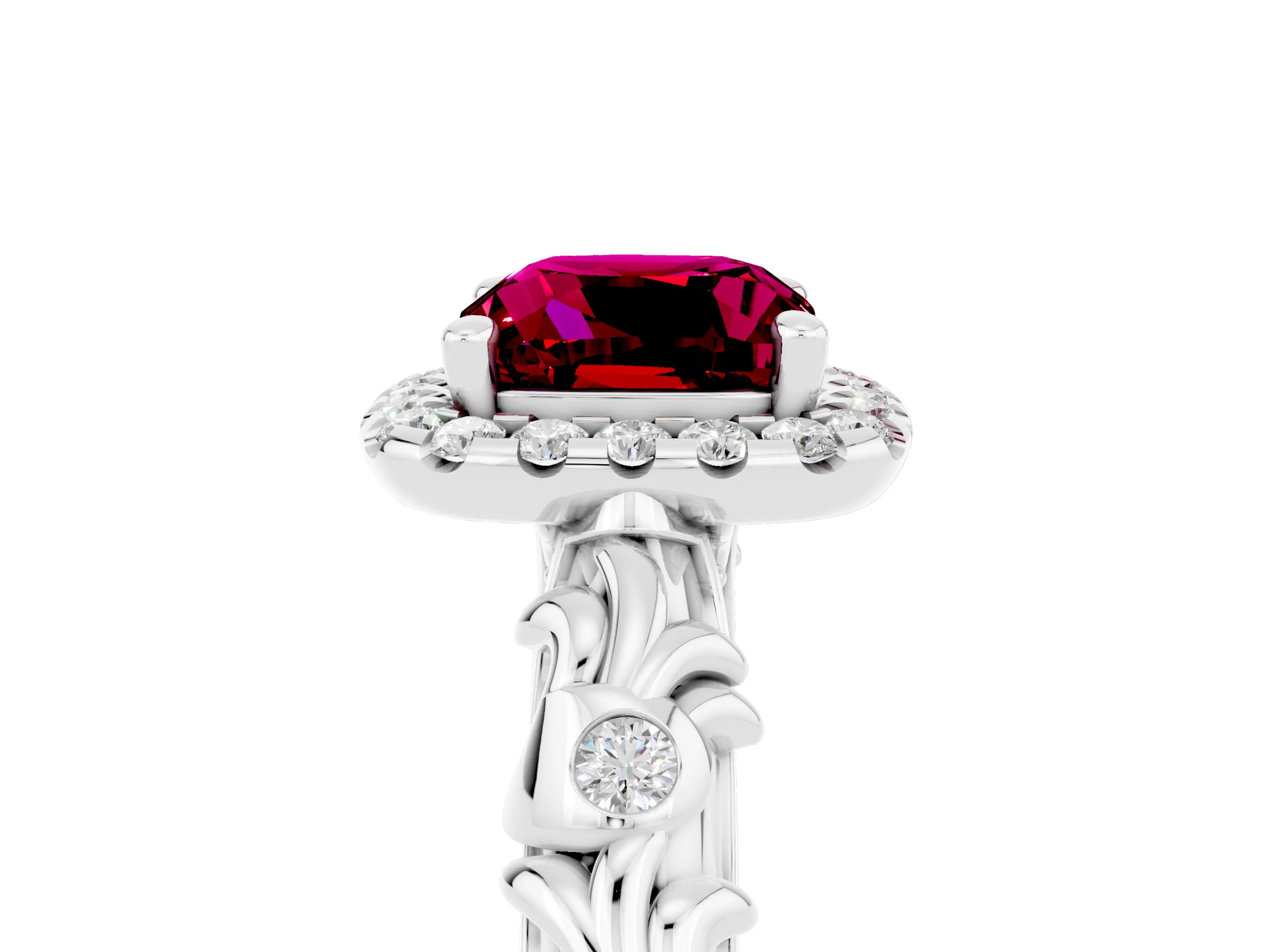 White gold Cushion Cut Halo Diamond Solitaire with Filigree Band and Four-Prong Setting_5