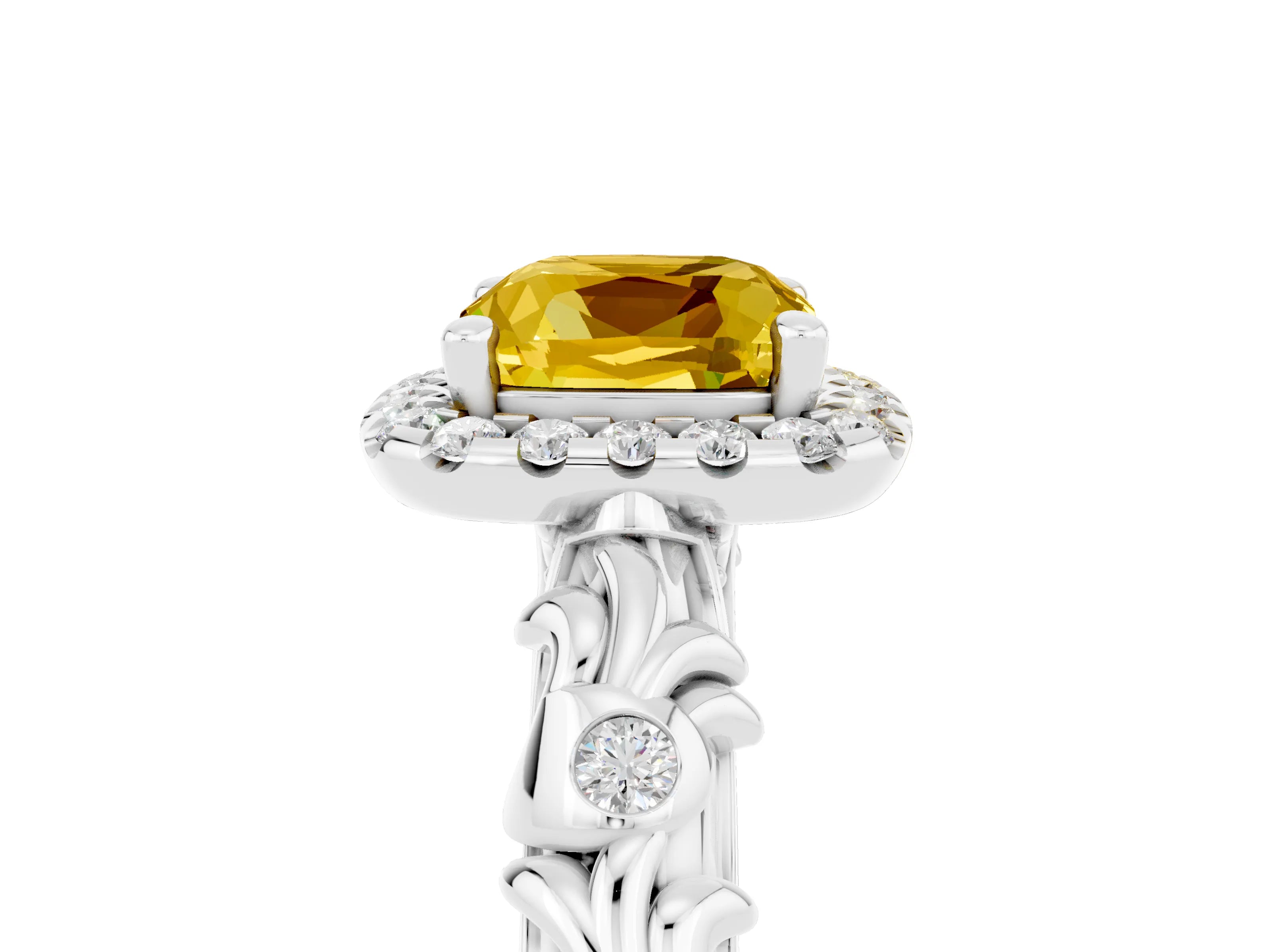 White gold Cushion Cut Halo Diamond Solitaire with Filigree Band and Four-Prong Setting_5