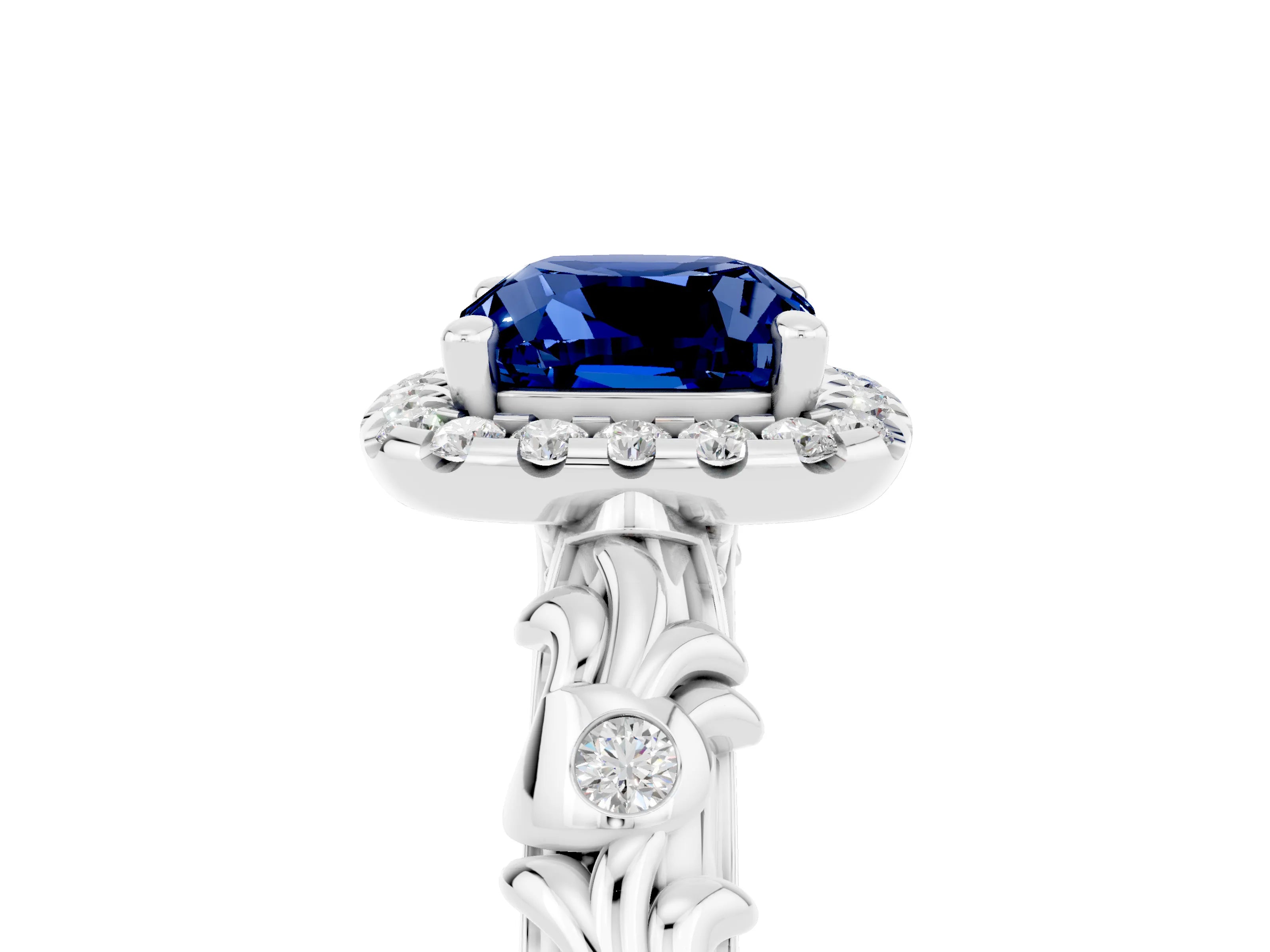 White gold Cushion Cut Halo Diamond Solitaire with Filigree Band and Four-Prong Setting_5