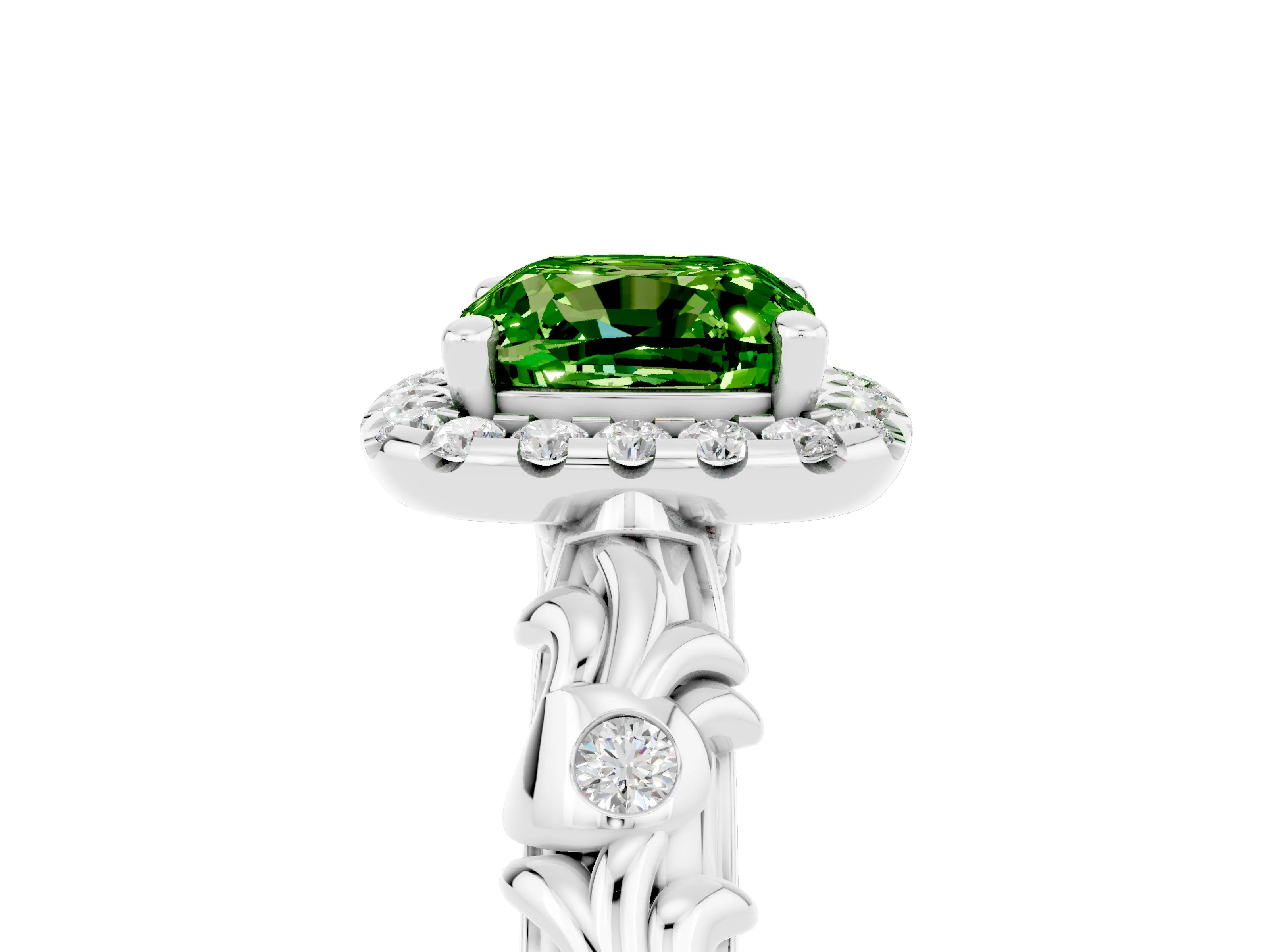 White gold Cushion Cut Halo Diamond Solitaire with Filigree Band and Four-Prong Setting_5