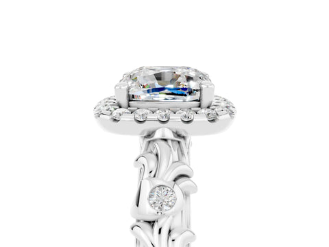 White gold Cushion Cut Halo Diamond Solitaire with Filigree Band and Four-Prong Setting_5