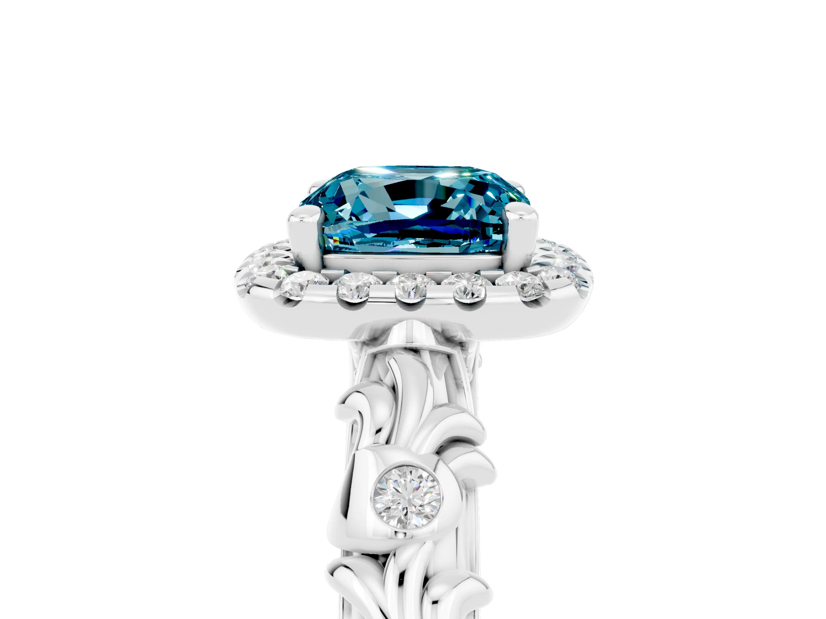 White gold Cushion Cut Halo Diamond Solitaire with Filigree Band and Four-Prong Setting_5