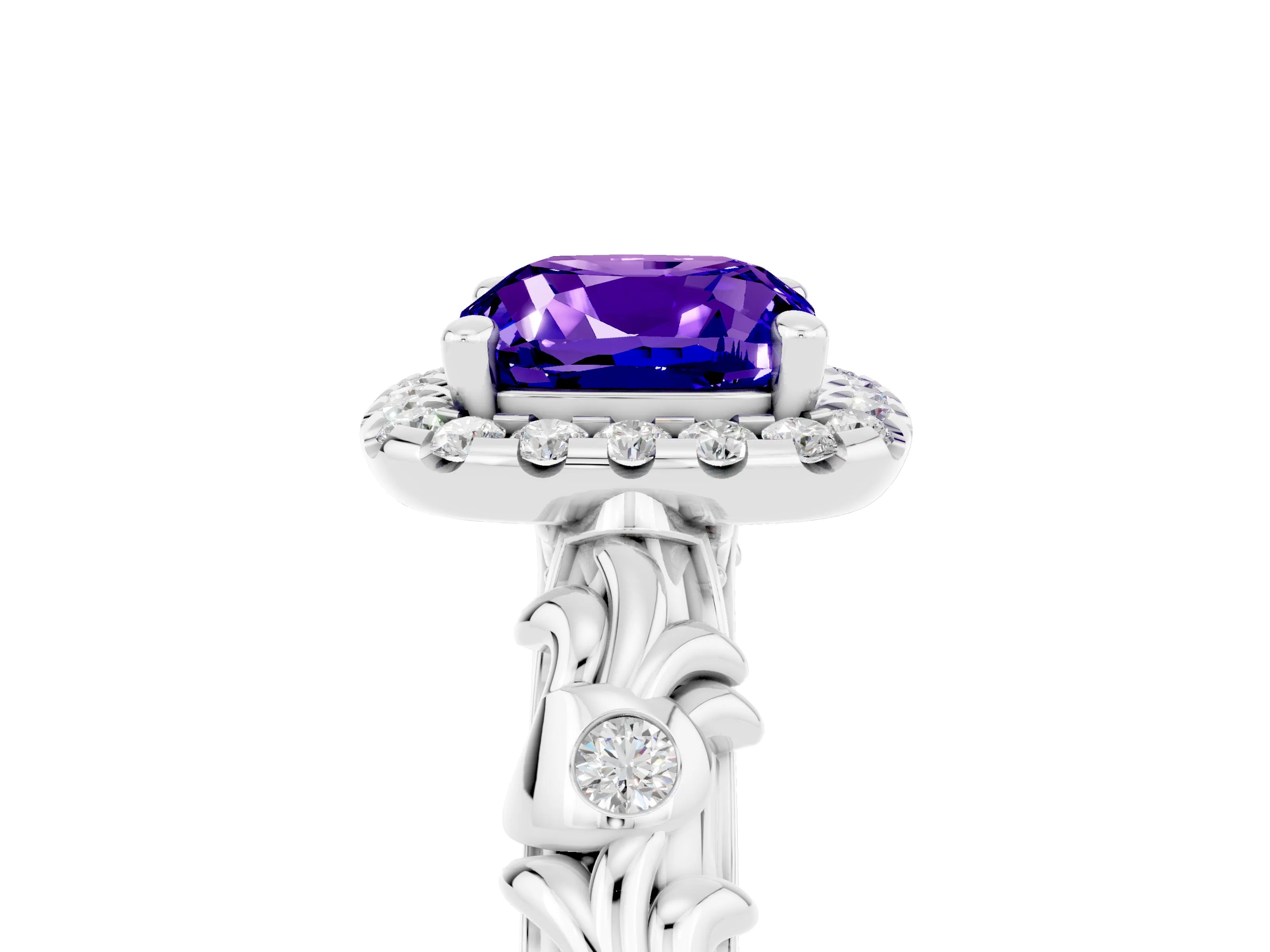 White gold Cushion Cut Halo Diamond Solitaire with Filigree Band and Four-Prong Setting_5