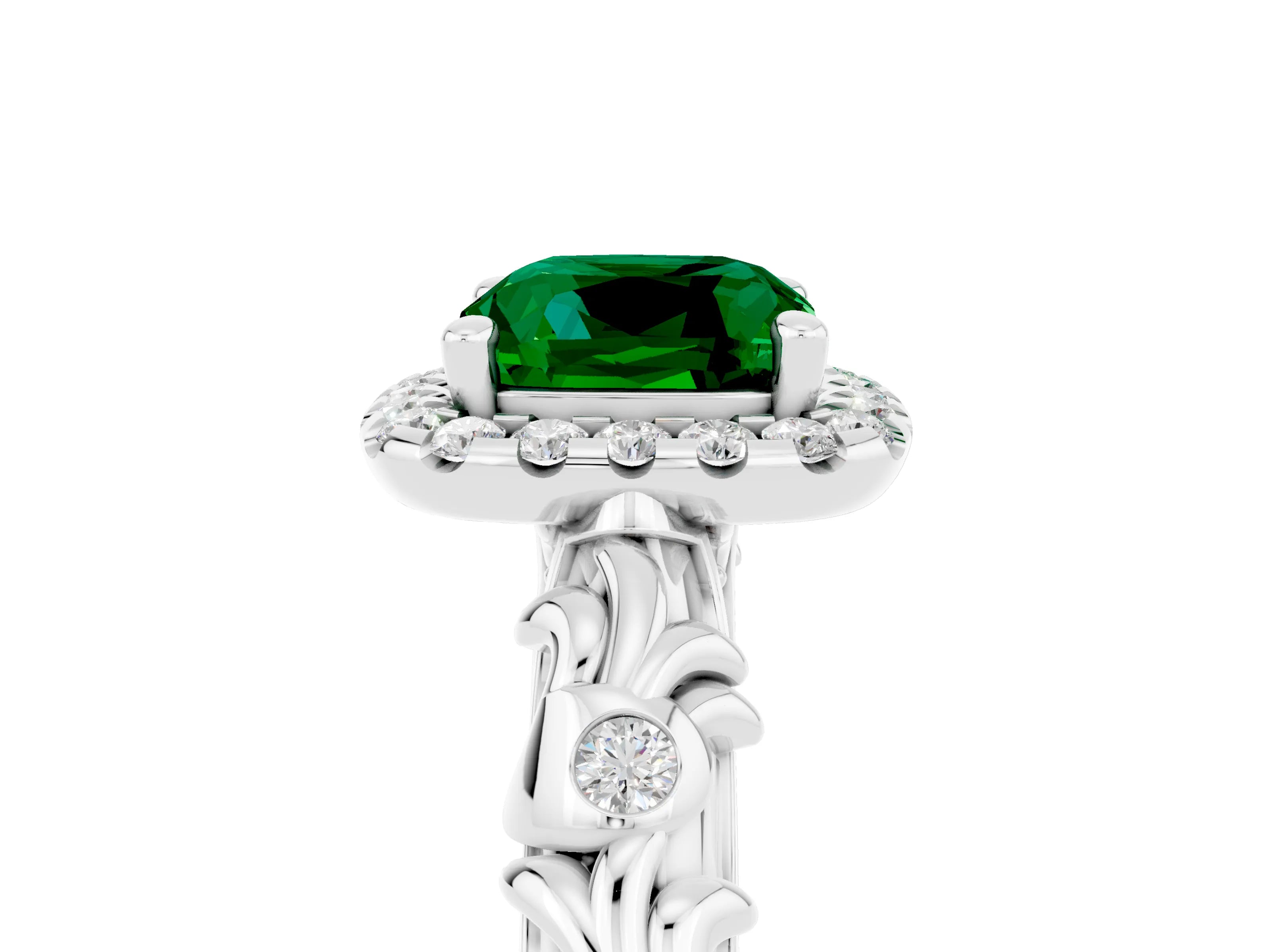 White gold Cushion Cut Halo Diamond Solitaire with Filigree Band and Four-Prong Setting_5