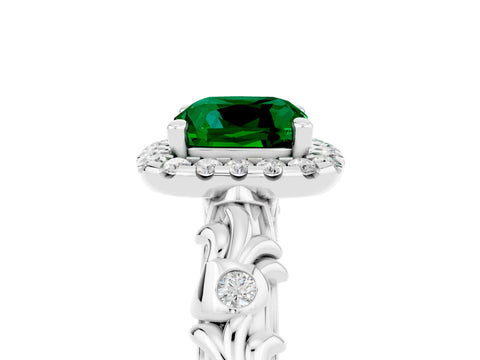 White gold Cushion Cut Halo Diamond Solitaire with Filigree Band and Four-Prong Setting_5