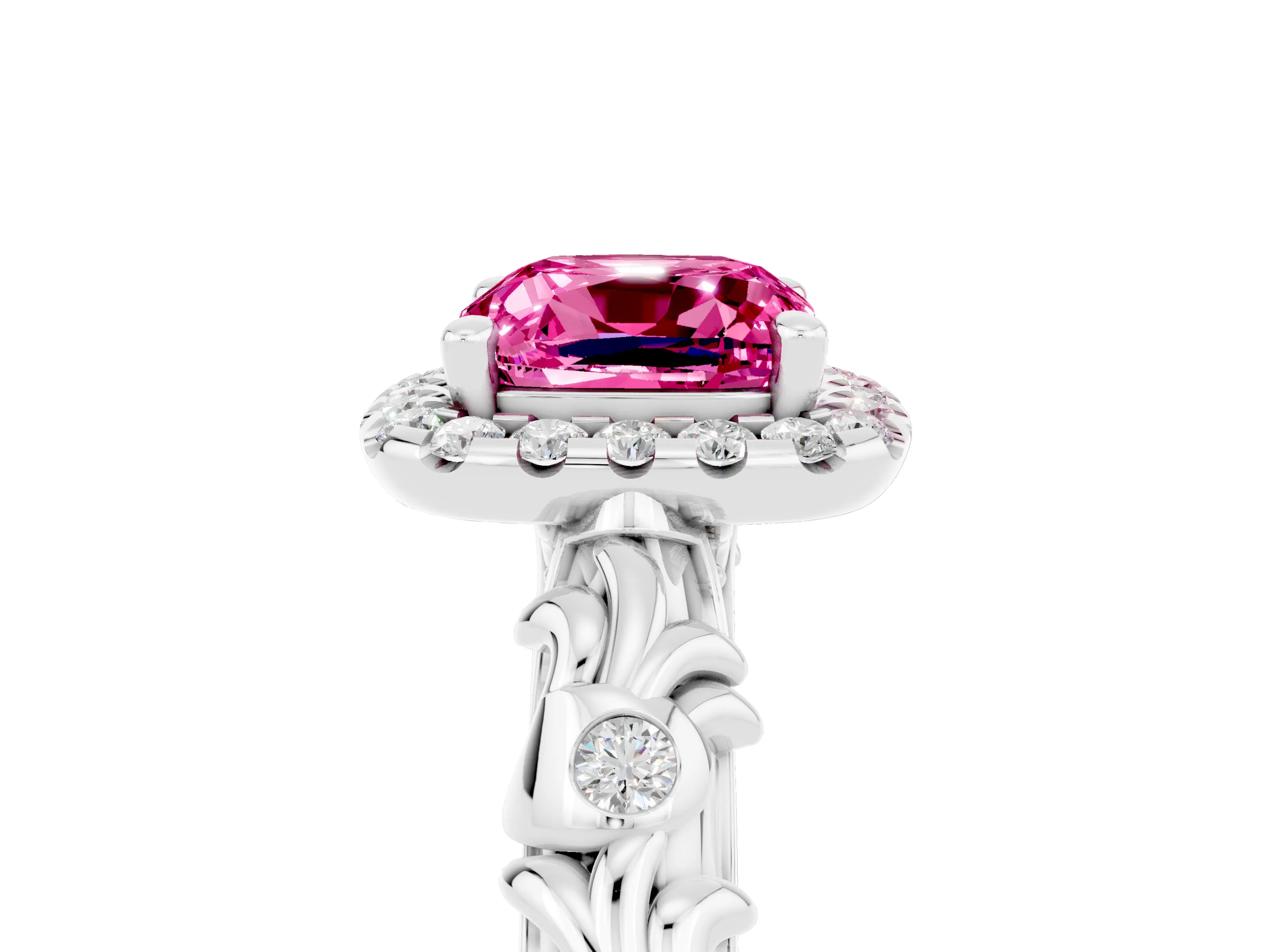 White gold Cushion Cut Halo Diamond Solitaire with Filigree Band and Four-Prong Setting_5
