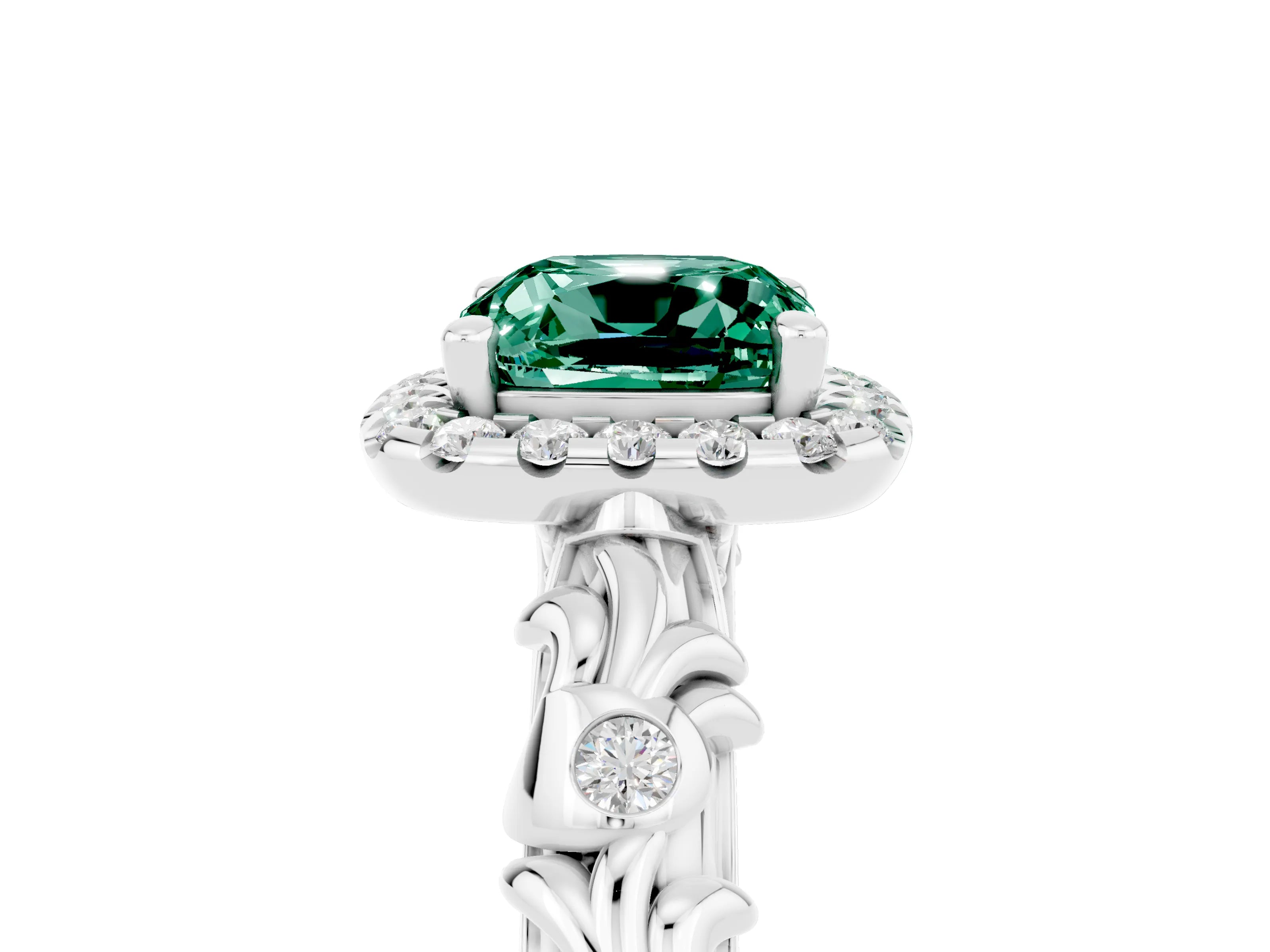 White gold Cushion Cut Halo Diamond Solitaire with Filigree Band and Four-Prong Setting_5