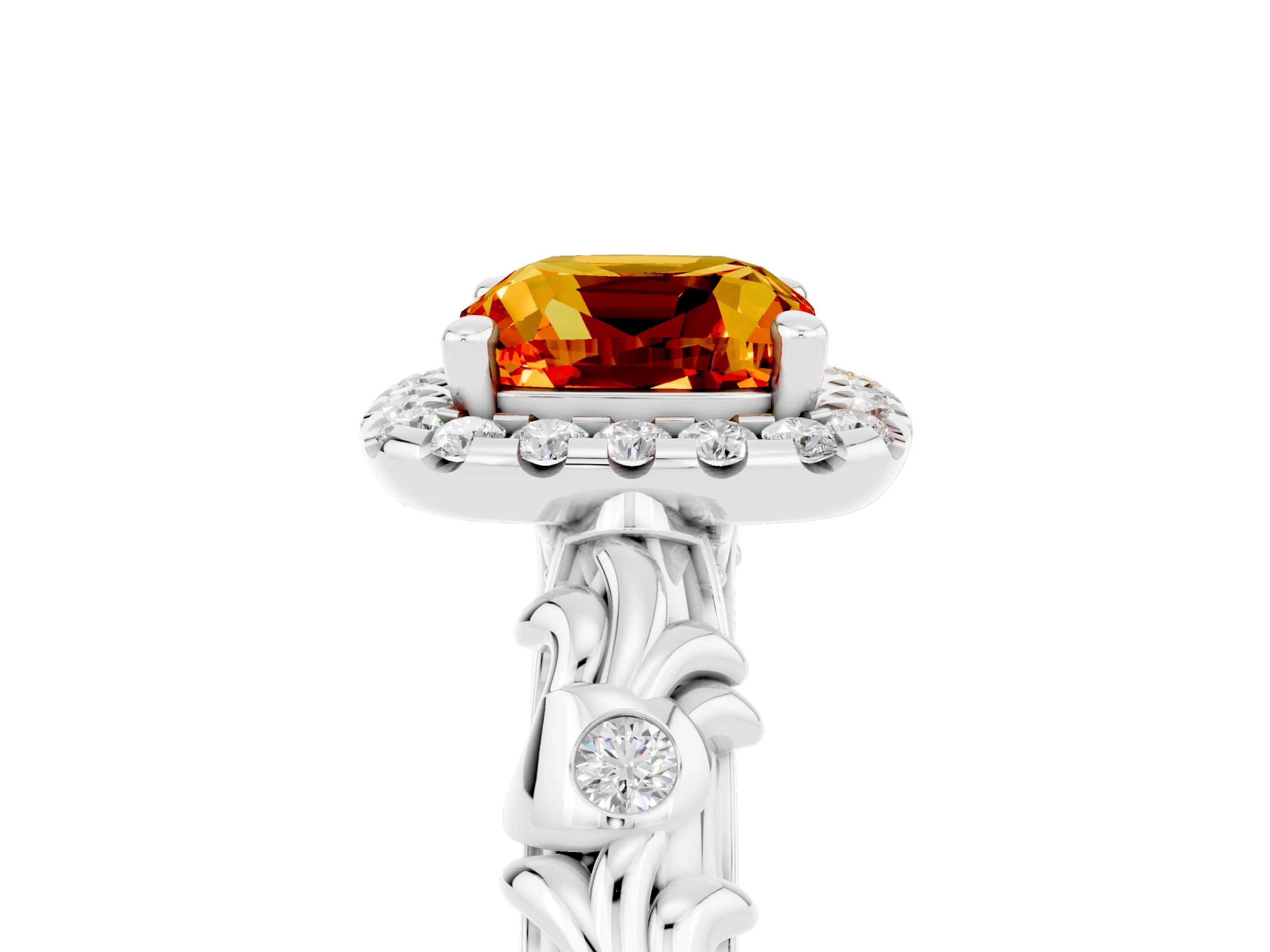 White gold Cushion Cut Halo Diamond Solitaire with Filigree Band and Four-Prong Setting_5