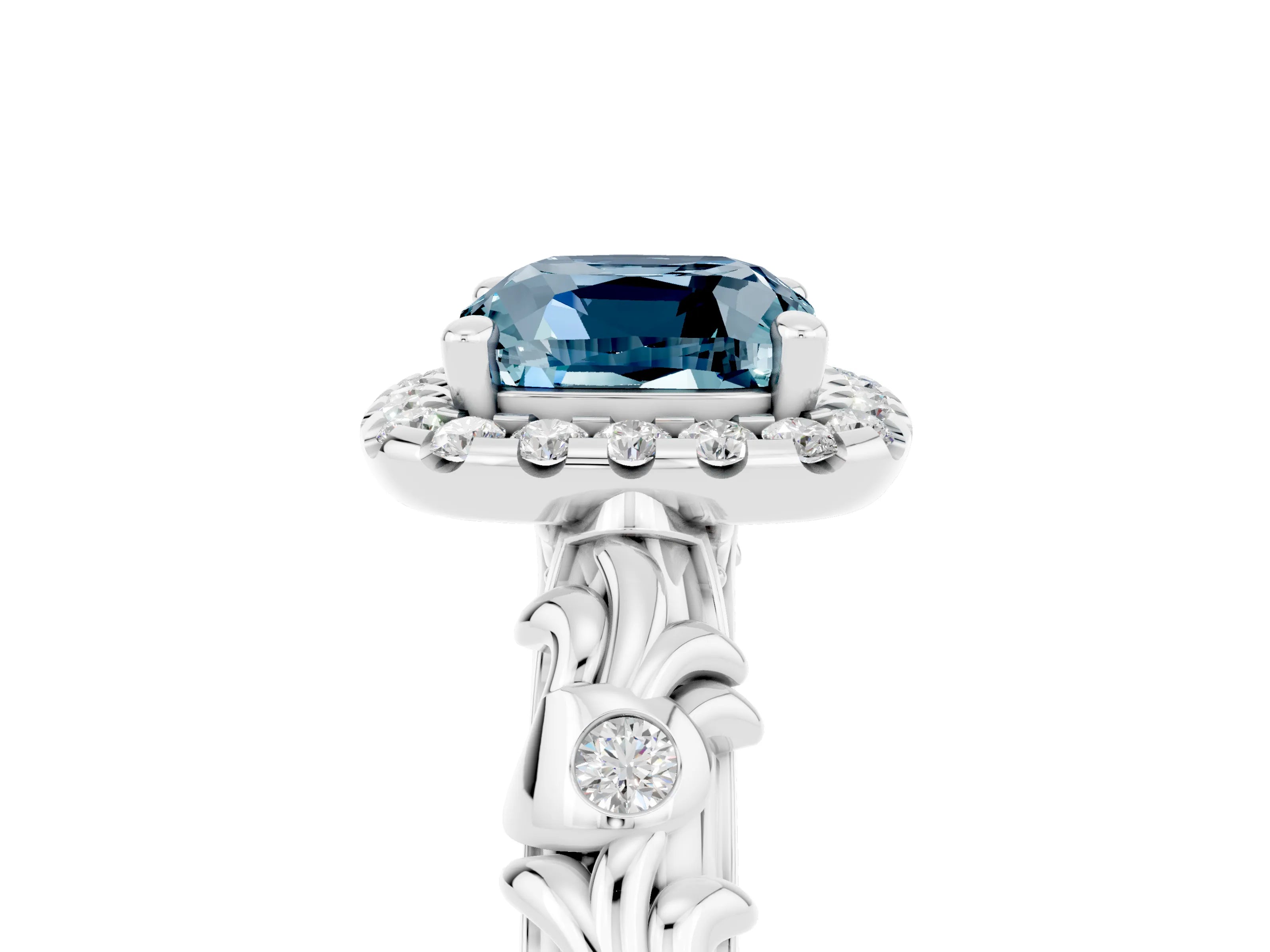 White gold Cushion Cut Halo Diamond Solitaire with Filigree Band and Four-Prong Setting_5