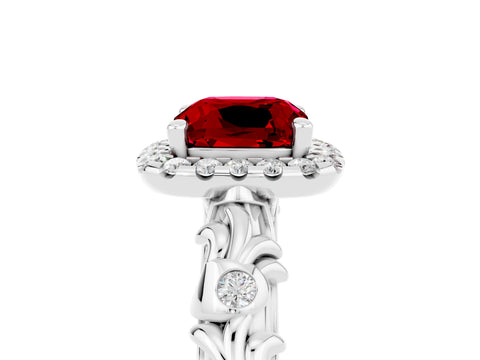 White gold Cushion Cut Halo Diamond Solitaire with Filigree Band and Four-Prong Setting_5