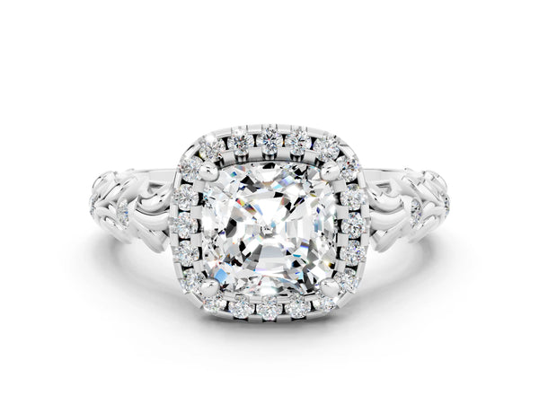 Platinum Cushion Cut Moissanite Halo Ring with Filigree Band and Prong Setting