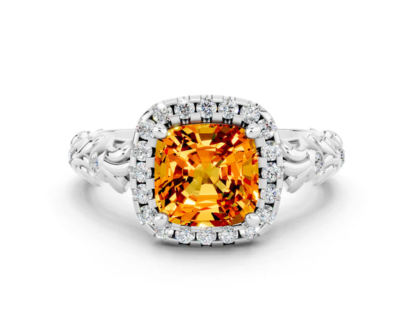 Platinum Cushion Cut Citrine Halo Ring with Filigree Band and Prong Setting
