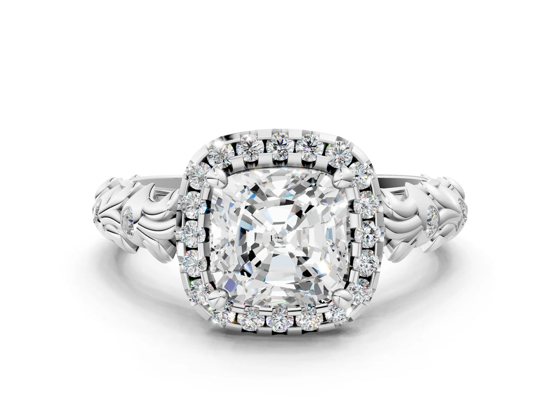 White gold Cushion Cut Halo Diamond Solitaire with Filigree Band and Four-Prong Setting_7