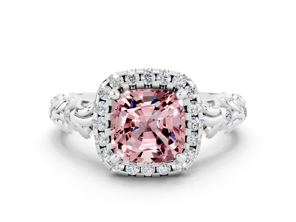 Platinum Cushion Cut Halo Diamond Solitaire with Filigree Band and Four-Prong Setting