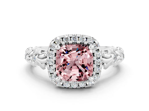 White gold Cushion Cut Halo Diamond Solitaire with Filigree Band and Four-Prong Setting