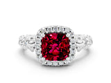 White gold Cushion Cut Halo Diamond Solitaire with Filigree Band and Four-Prong Setting