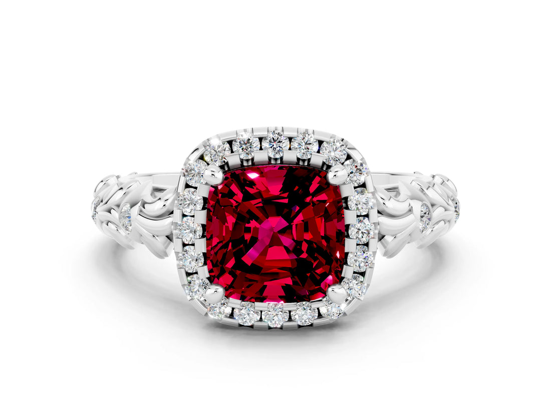 White gold Cushion Cut Halo Diamond Solitaire with Filigree Band and Four-Prong Setting