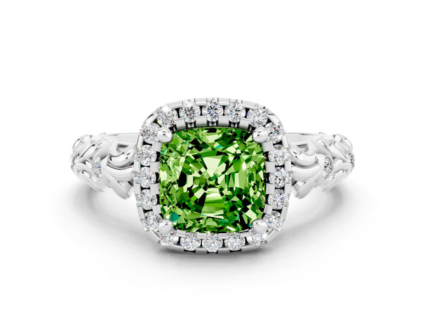 Silver Cushion Cut Peridot Halo Ring with Filigree Band and Prong Setting