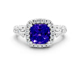 White gold Cushion Cut Halo Diamond Solitaire with Filigree Band and Four-Prong Setting