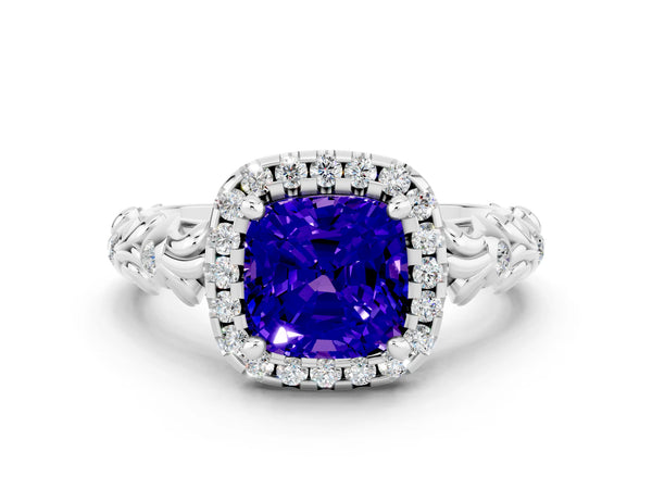 White gold Cushion Cut Tanzanite Halo Ring with Filigree Band and Prong Setting