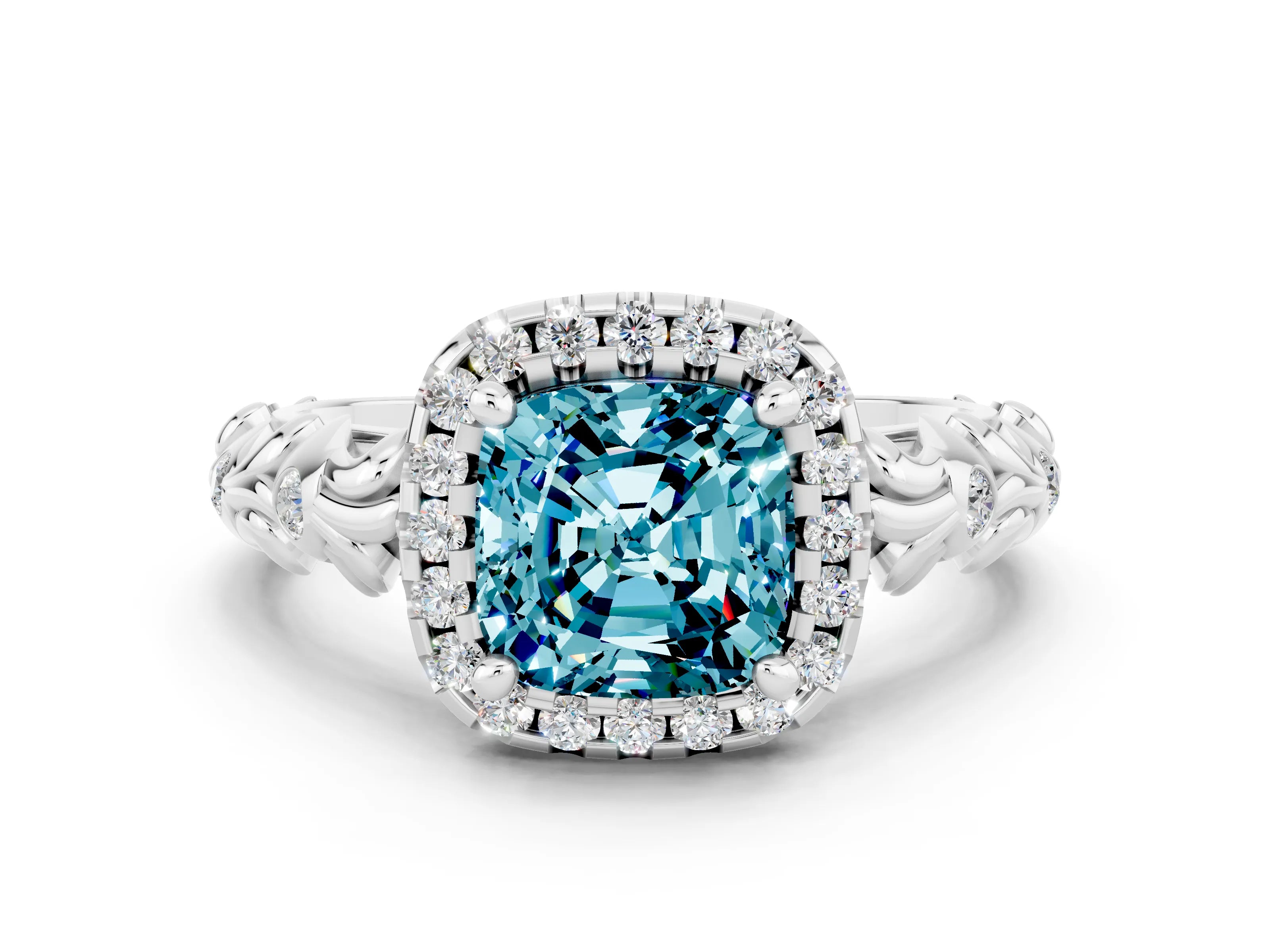 White gold Cushion Cut Halo Diamond Solitaire with Filigree Band and Four-Prong Setting
