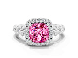 White gold Cushion Cut Halo Diamond Solitaire with Filigree Band and Four-Prong Setting
