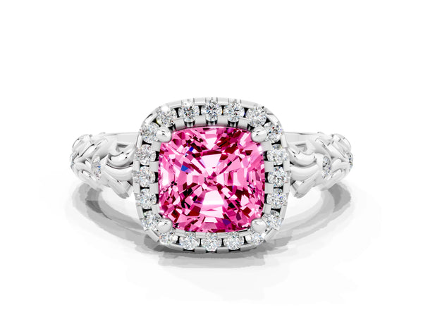 Platinum Cushion Cut Pink Sapphire Halo Ring with Filigree Band and Prong Setting