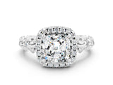 White gold Cushion Cut Halo Diamond Solitaire with Filigree Band and Four-Prong Setting