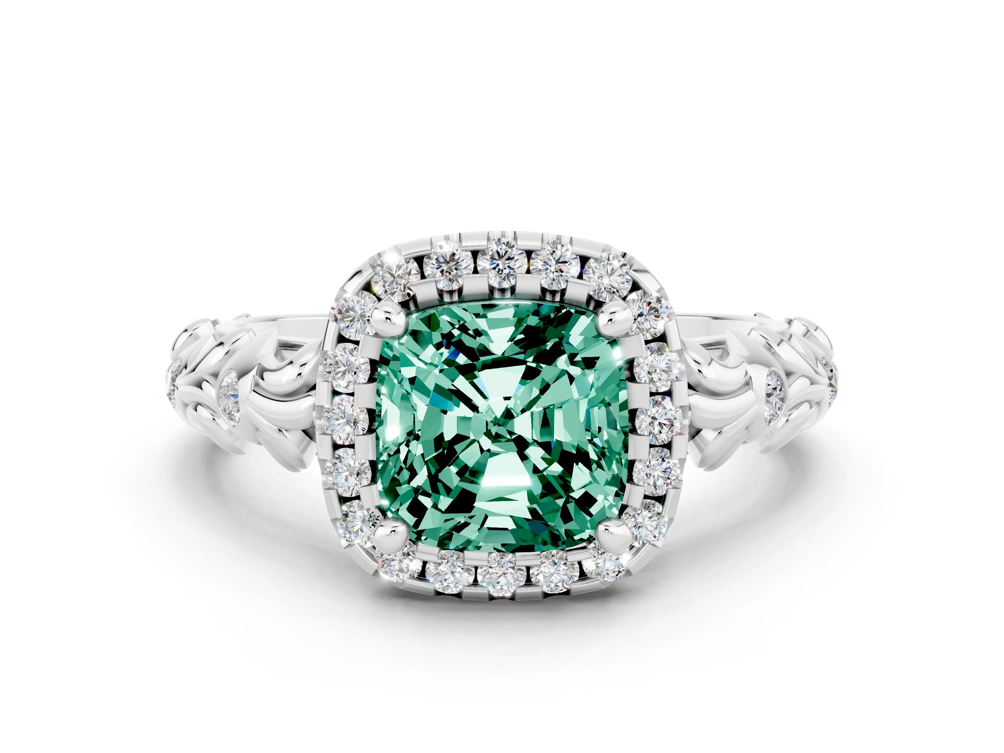 White gold Cushion Cut Halo Diamond Solitaire with Filigree Band and Four-Prong Setting