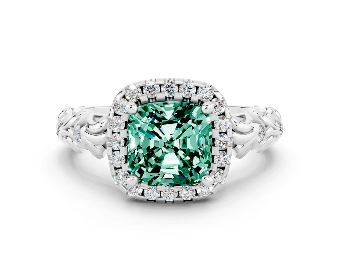White gold Cushion Cut Halo Diamond Solitaire with Filigree Band and Four-Prong Setting