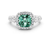 White gold Cushion Cut Halo Diamond Solitaire with Filigree Band and Four-Prong Setting