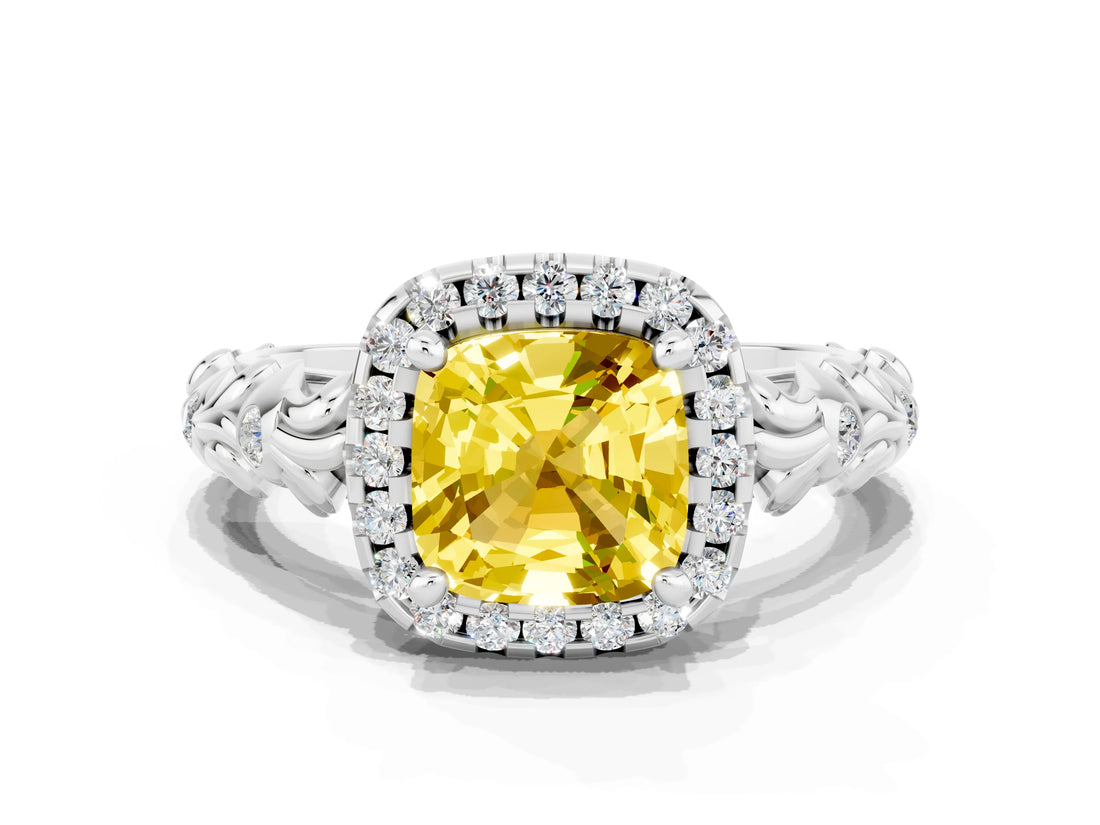 White gold Cushion Cut Halo Diamond Solitaire with Filigree Band and Four-Prong Setting