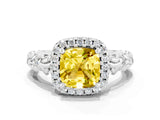White gold Cushion Cut Halo Diamond Solitaire with Filigree Band and Four-Prong Setting