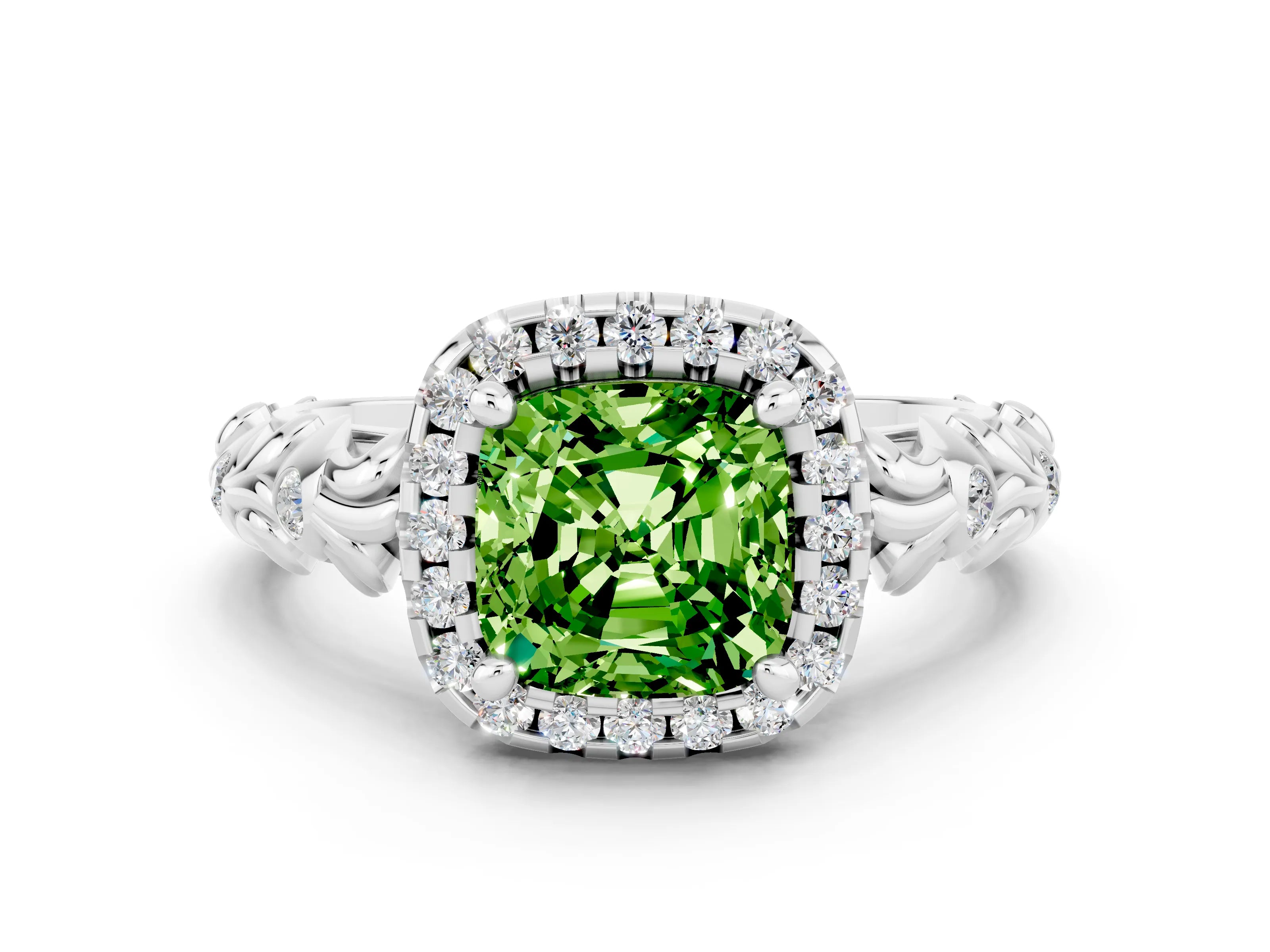 White gold Cushion Cut Halo Diamond Solitaire with Filigree Band and Four-Prong Setting