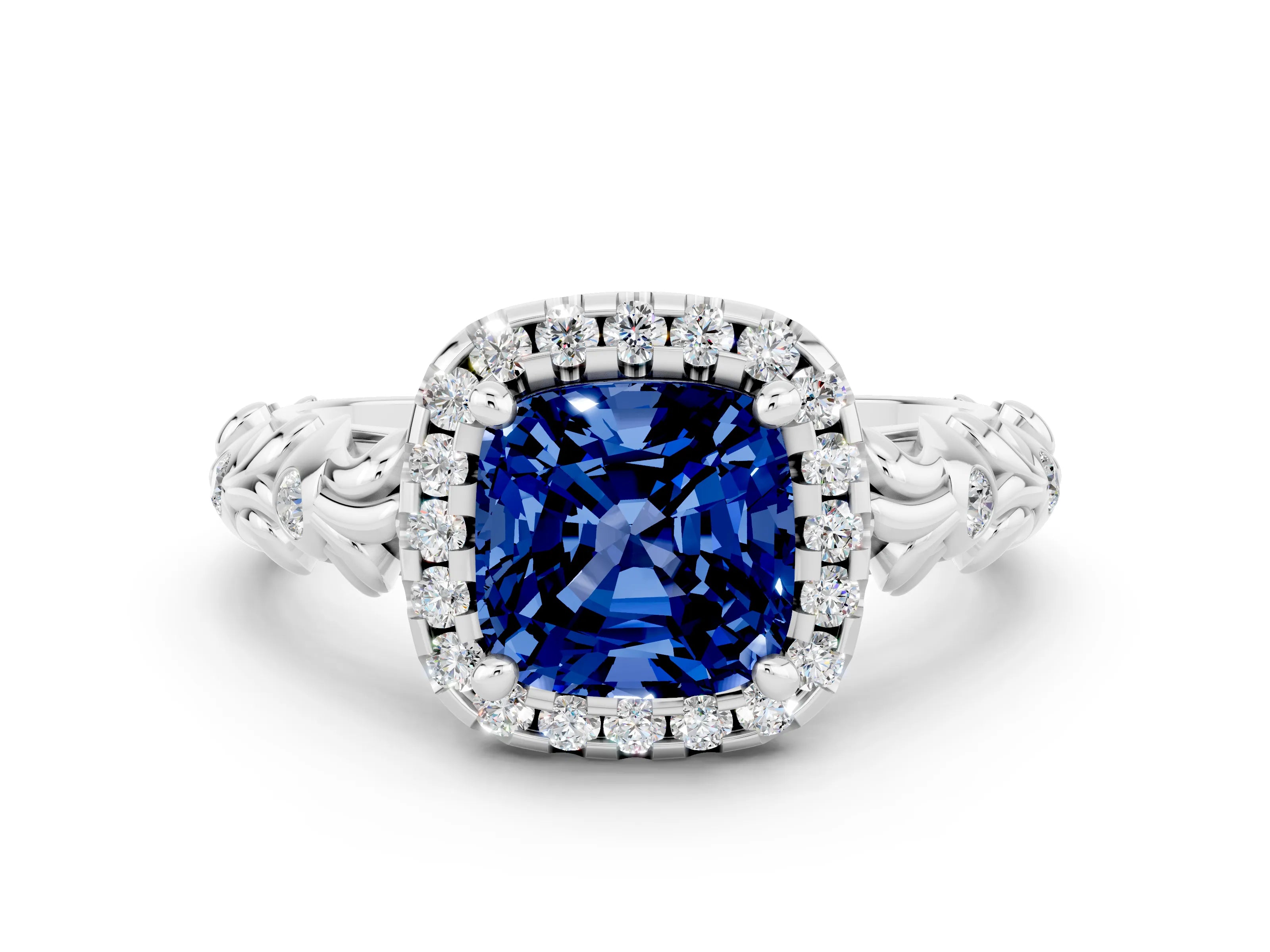 White gold Cushion Cut Halo Diamond Solitaire with Filigree Band and Four-Prong Setting