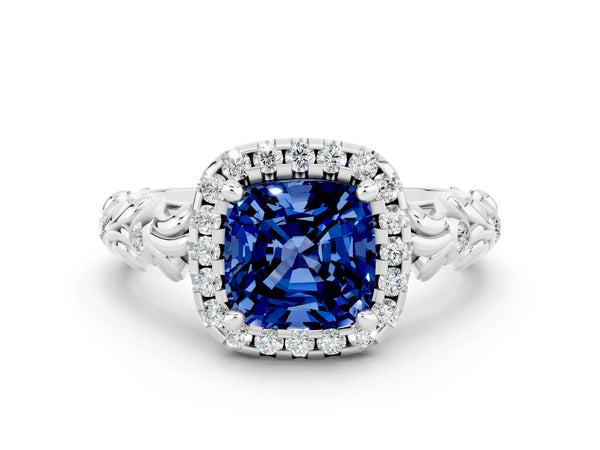 Silver Cushion Cut Blue Sapphire Halo Ring with Filigree Band and Prong Setting