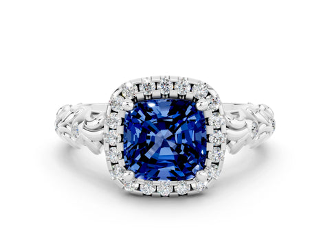 White gold Cushion Cut Halo Diamond Solitaire with Filigree Band and Four-Prong Setting