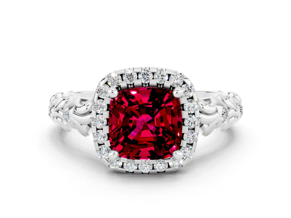 Platinum Cushion Cut Garnet Halo Ring with Filigree Band and Prong Setting