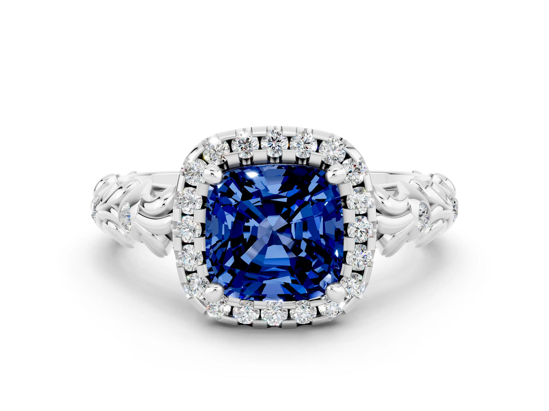 White gold Cushion Cut Halo Diamond Solitaire with Filigree Band and Four-Prong Setting