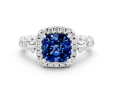 White gold Cushion Cut Halo Diamond Solitaire with Filigree Band and Four-Prong Setting